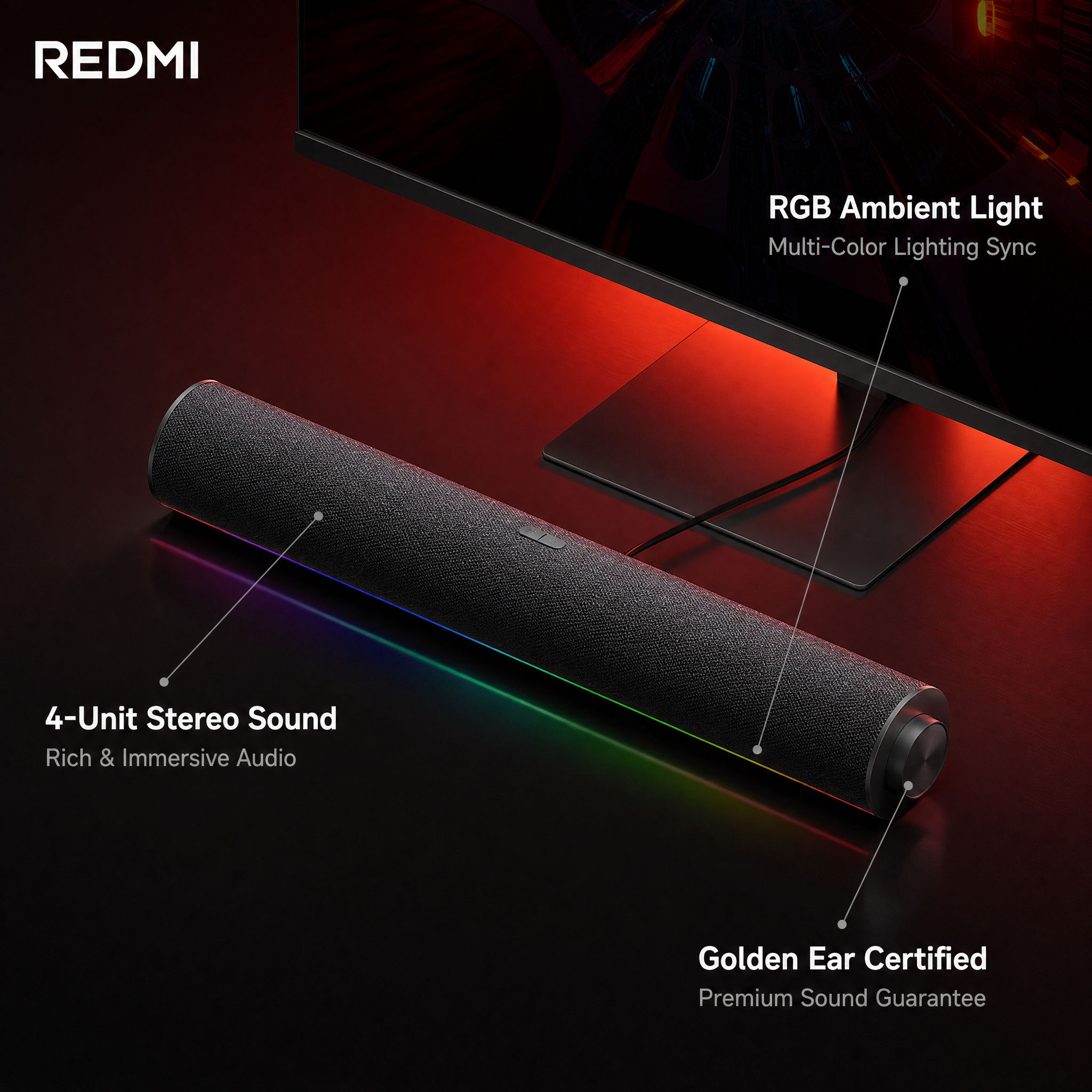 Rgb Computer Soundbar For Pc - Orijinal Xiaomi Redmi PC Hoparlörü, Kablolu